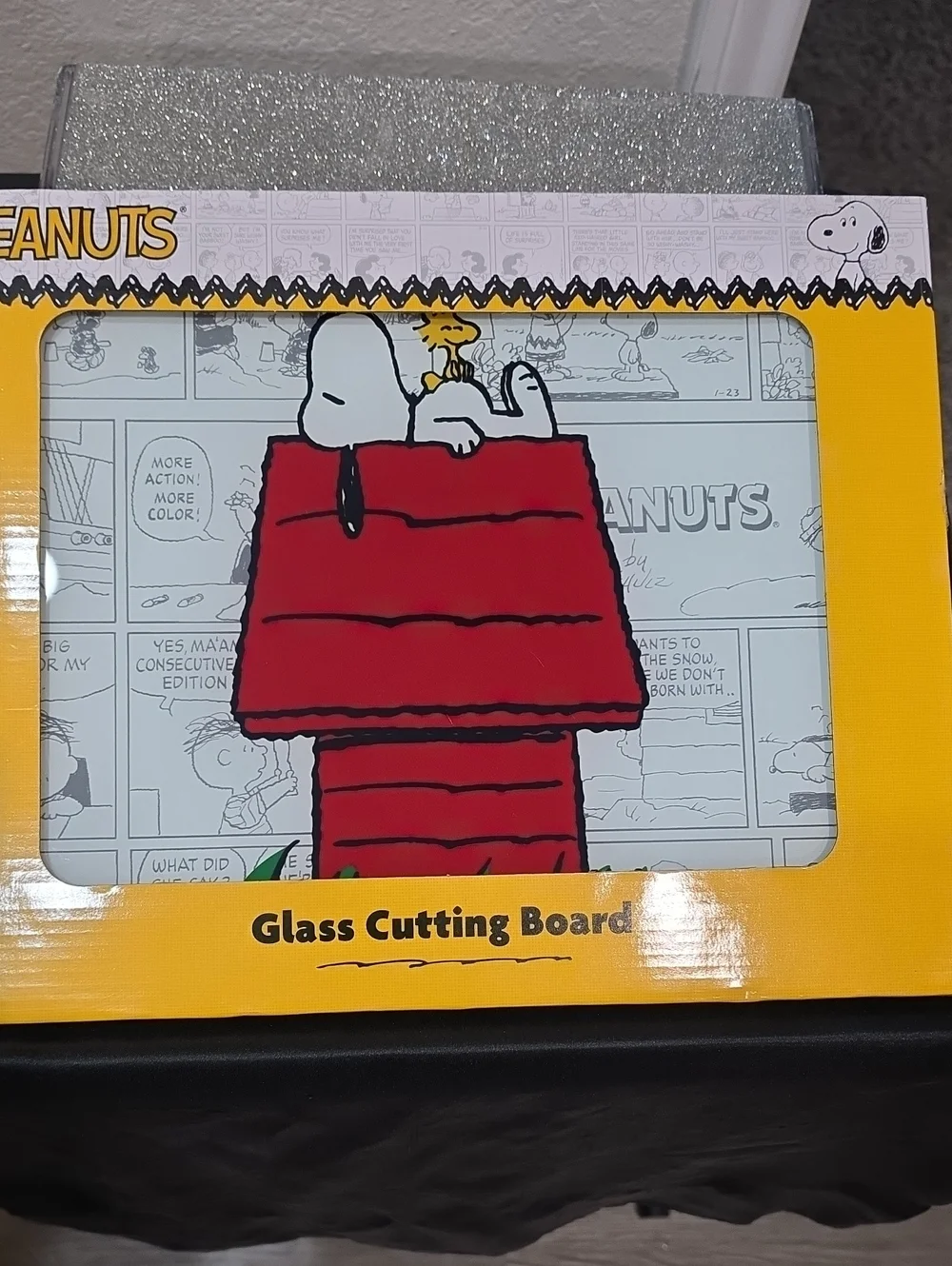 Peanuts Snoopy & Woodstock Doghouse Comic Strip Glass Cutting Board